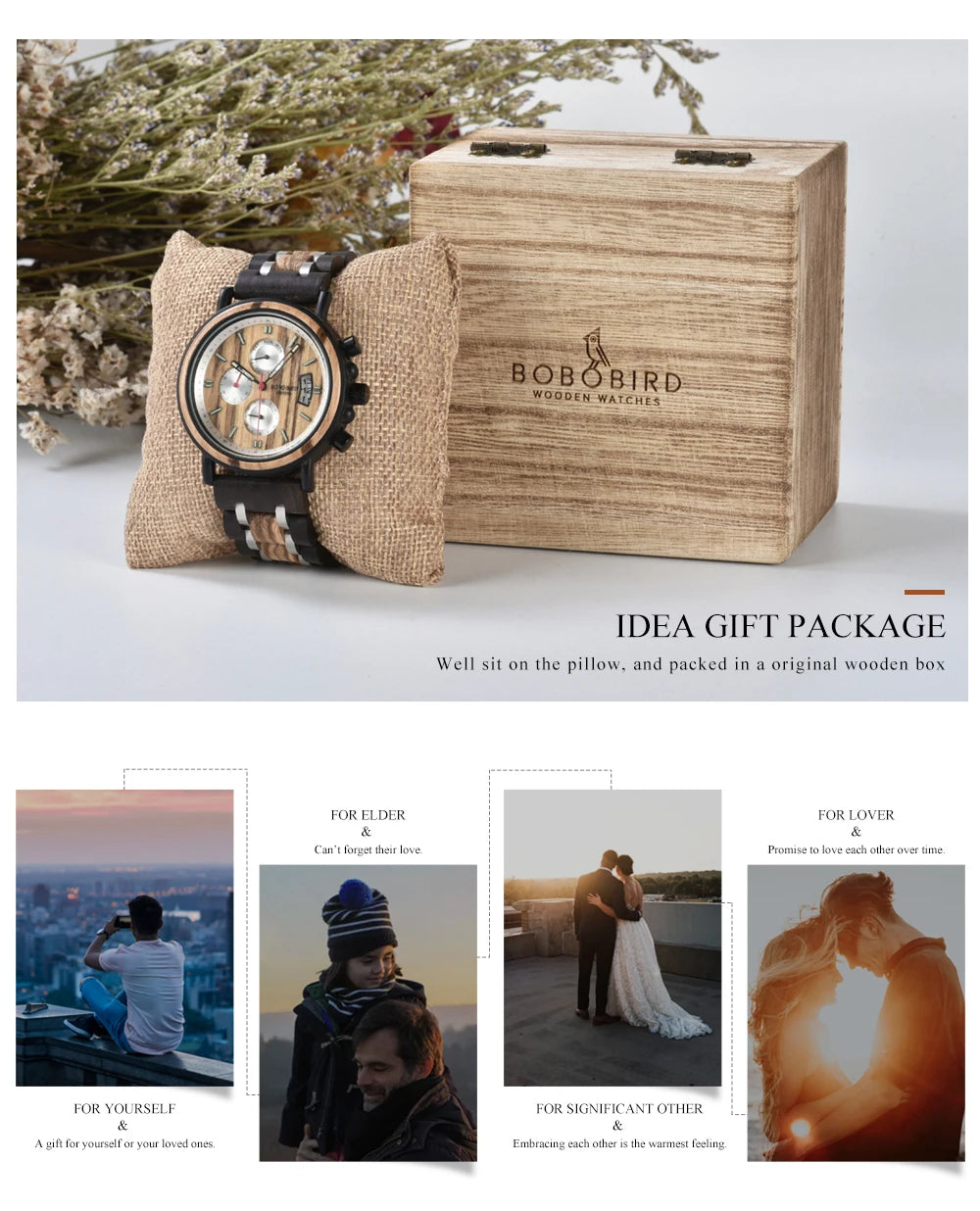 Reloj Masculino BOBO BIRD de madera para hombre, relojes militares con cronógrafo elegante de lujo de marca superior en caja de madera, reloj para hombre