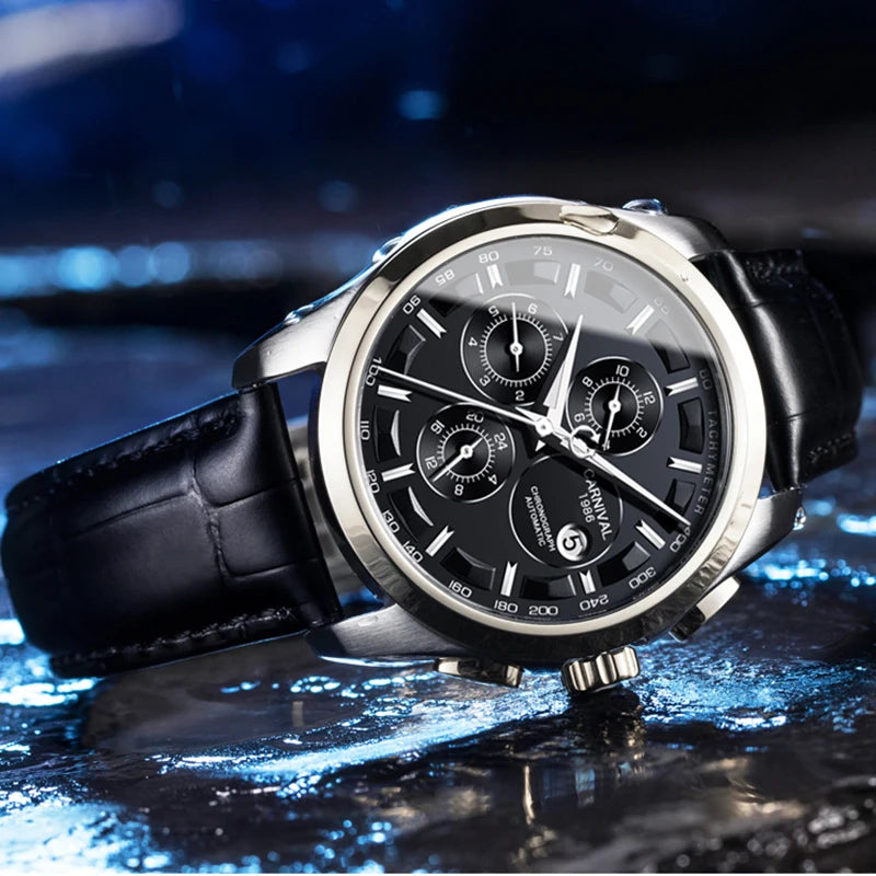 Reloj Mecánico de negocios para hombre, cronógrafo automático con correa de cuero, resistente al agua, marca lujosa, Carnaval, nuevo