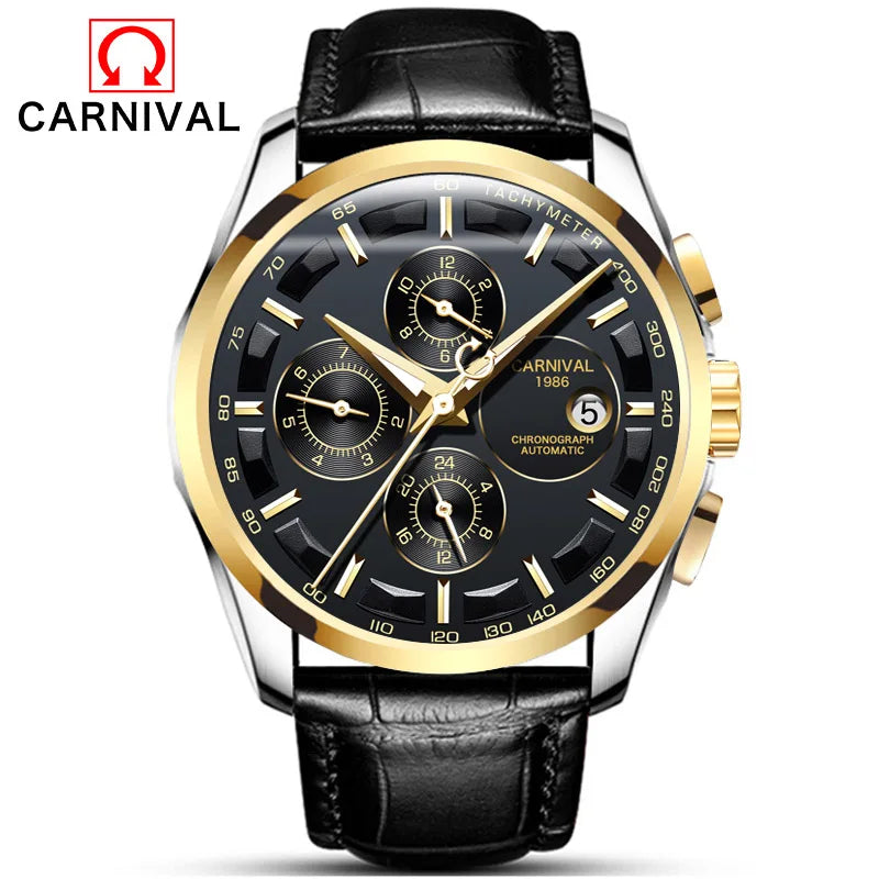 Reloj Mecánico de negocios para hombre, cronógrafo automático con correa de cuero, resistente al agua, marca lujosa, Carnaval, nuevo