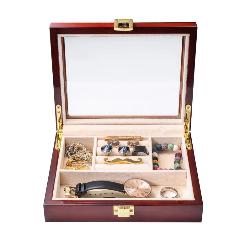 Joyero de madera de lujo, caja de exhibición multifunción de madera Vintage, elegante estuche de almacenamiento marrón oscuro, gemelos de lujo, Dis de joyería, nuevo