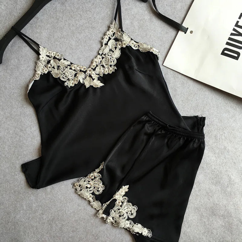 Conjunto de Pijama de satén de seda para mujer, ropa de dormir Sexy de encaje sin mangas con cuello en V, ropa de casa de verano