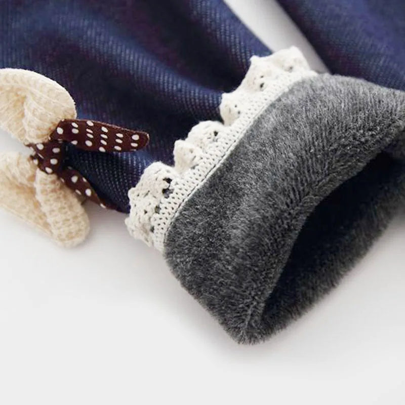 Pantalones para niñas, mallas gruesas y cálidas con lazo en Jean para invierno y primavera, pantalones para niños, pantalones para niños