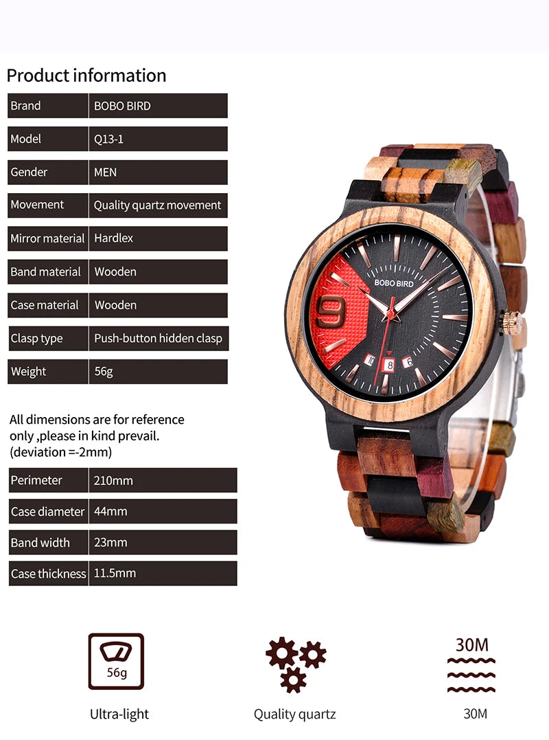 Reloj masculino BOBO BIRD hechos en madera, reloj de lujo con indicador de fecha hecho en madera, relojes de cuarzo, relojes de pulsera, excelente regalo para hombres W-Q13