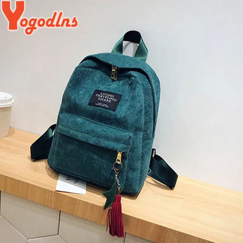 Mochilas Yogodlns para mujer, bolso de hombro de colegio con borla, mochila de pana, bolsas para cuaderno para niñas, mochila de estilo Preppy