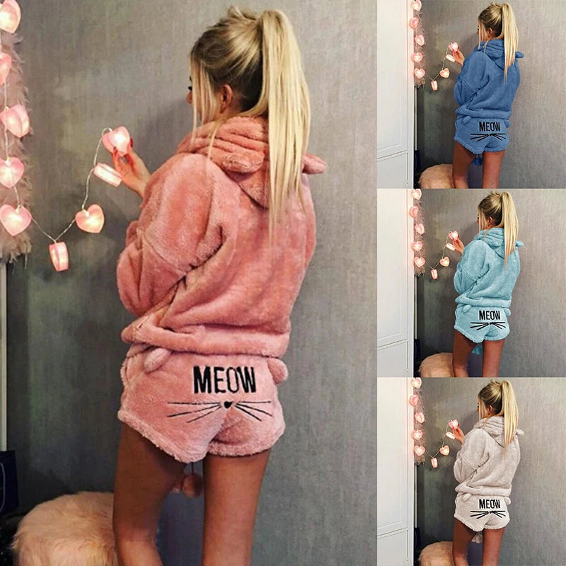 Pijamas de lana para Mujer, conjunto de Pijamas cálidos para otoño e invierno, lencería Sexy para Mujer, Pijama de gato, ropa de dormir para Mujer, ropa de casa