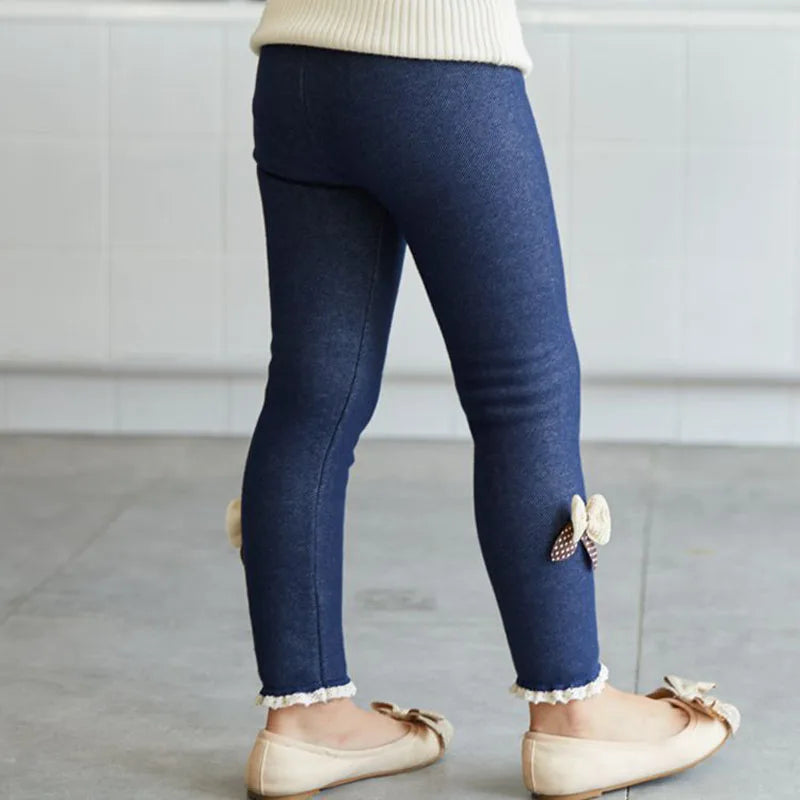 Pantalones para niñas, mallas gruesas y cálidas con lazo en Jean para invierno y primavera, pantalones para niños, pantalones para niños