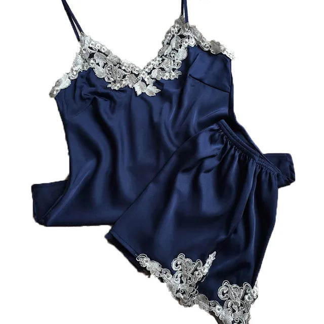 Conjunto de Pijama de satén de seda para mujer, ropa de dormir Sexy de encaje sin mangas con cuello en V, ropa de casa de verano