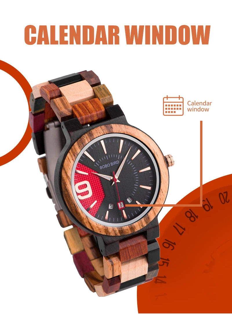 Reloj masculino BOBO BIRD hechos en madera, reloj de lujo con indicador de fecha hecho en madera, relojes de cuarzo, relojes de pulsera, excelente regalo para hombres W-Q13