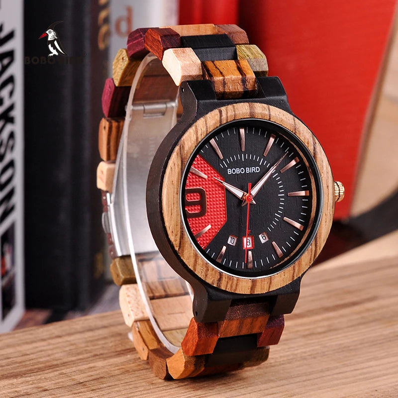 Reloj masculino BOBO BIRD hechos en madera, reloj de lujo con indicador de fecha hecho en madera, relojes de cuarzo, relojes de pulsera, excelente regalo para hombres W-Q13