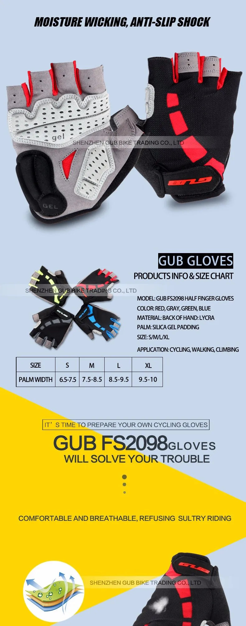 Guantes de ciclismo de resistencia GUB, guantes sin dedos para bicicleta, guantes de Gel Extra de dedo medio/corto de silicona, acolchado de ventilación de doble Gel