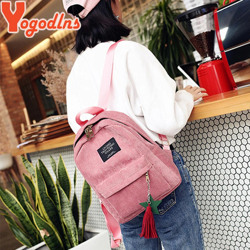Mochilas Yogodlns para mujer, bolso de hombro de colegio con borla, mochila de pana, bolsas para cuaderno para niñas, mochila de estilo Preppy
