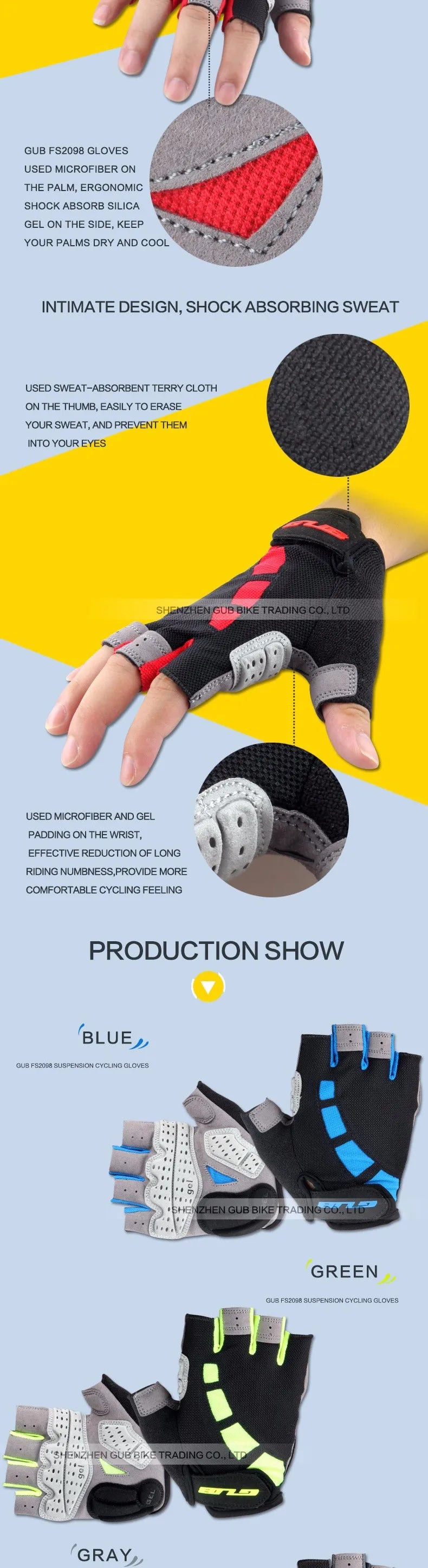 Guantes de ciclismo de resistencia GUB, guantes sin dedos para bicicleta, guantes de Gel Extra de dedo medio/corto de silicona, acolchado de ventilación de doble Gel