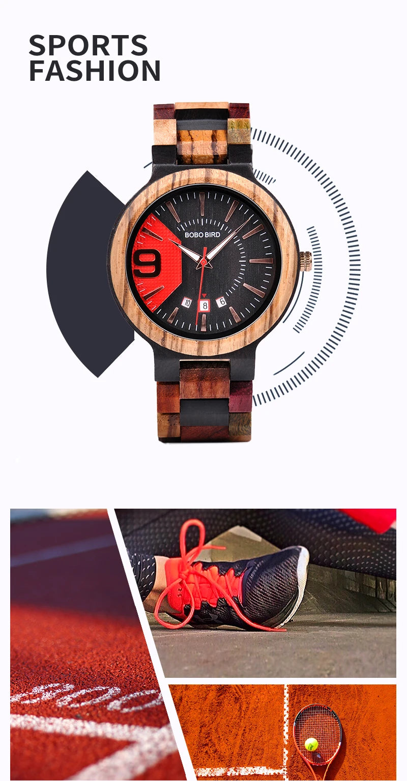 Reloj masculino BOBO BIRD hechos en madera, reloj de lujo con indicador de fecha hecho en madera, relojes de cuarzo, relojes de pulsera, excelente regalo para hombres W-Q13