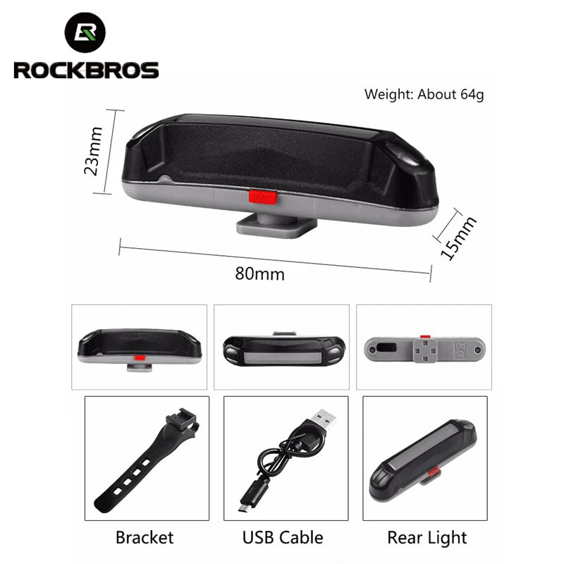 Luz trasera resistente al agua para bicicleta ROCKBROS luz trasera LED USB recargable de seguridad luz trasera para bicicleta
