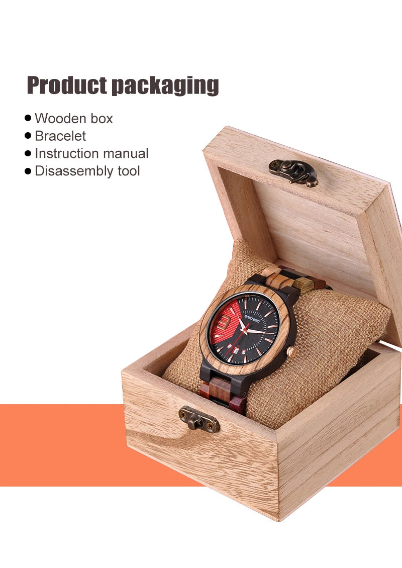 Reloj masculino BOBO BIRD hechos en madera, reloj de lujo con indicador de fecha hecho en madera, relojes de cuarzo, relojes de pulsera, excelente regalo para hombres W-Q13