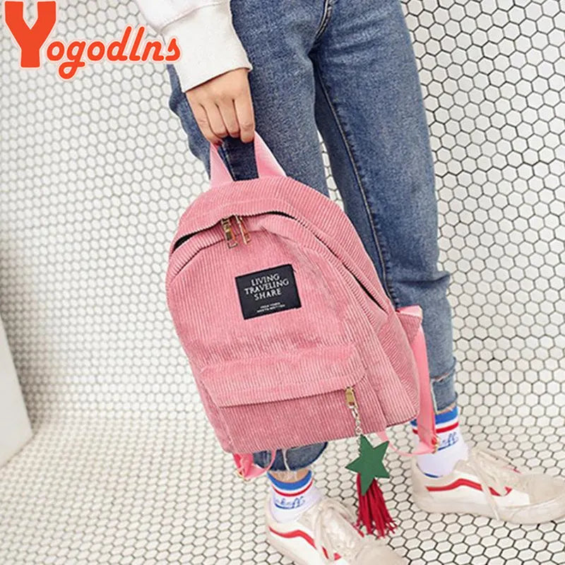 Mochilas Yogodlns para mujer, bolso de hombro de colegio con borla, mochila de pana, bolsas para cuaderno para niñas, mochila de estilo Preppy