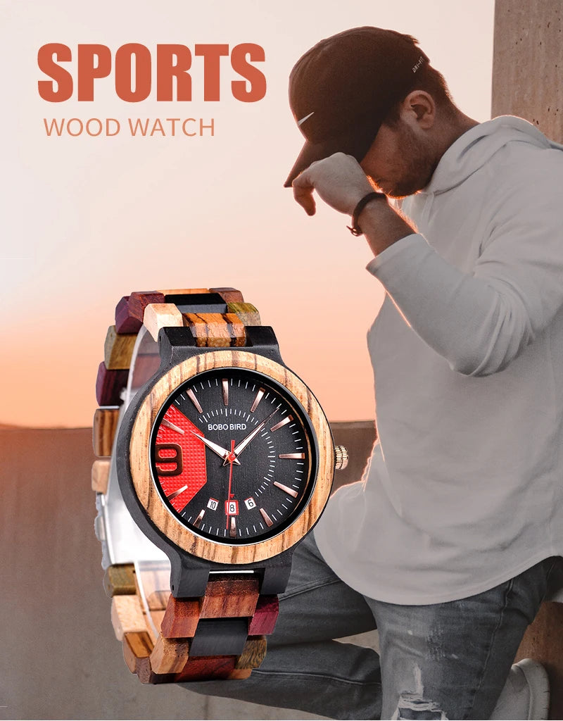 Reloj masculino BOBO BIRD hechos en madera, reloj de lujo con indicador de fecha hecho en madera, relojes de cuarzo, relojes de pulsera, excelente regalo para hombres W-Q13