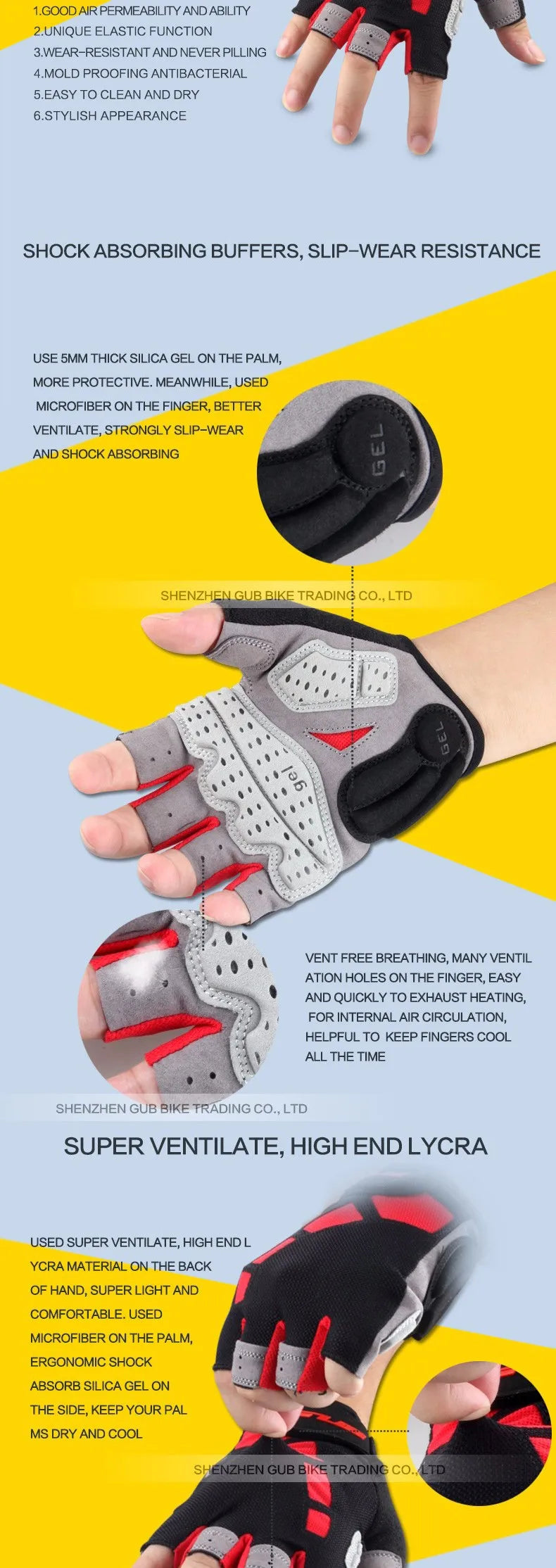 Guantes de ciclismo de resistencia GUB, guantes sin dedos para bicicleta, guantes de Gel Extra de dedo medio/corto de silicona, acolchado de ventilación de doble Gel