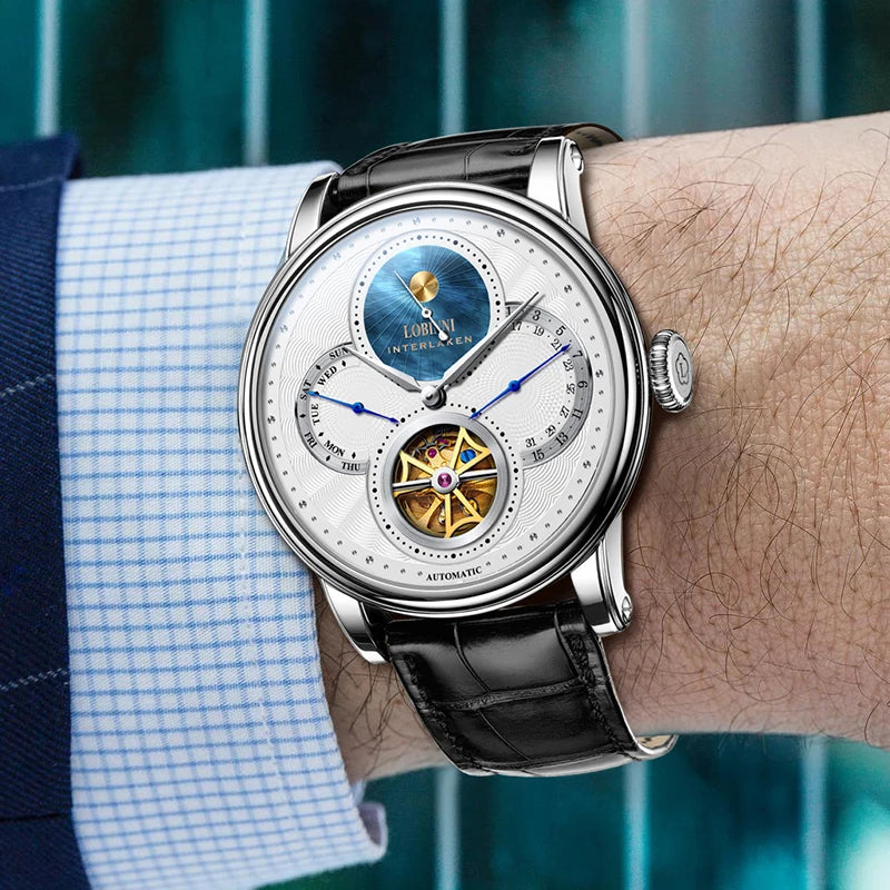 LOBINNI, relojes automáticos para hombre, reloj de lujo para hombre, relojes de pulsera mecánicos con esqueleto, reloj suizo con espejo de zafiro resistente al agua