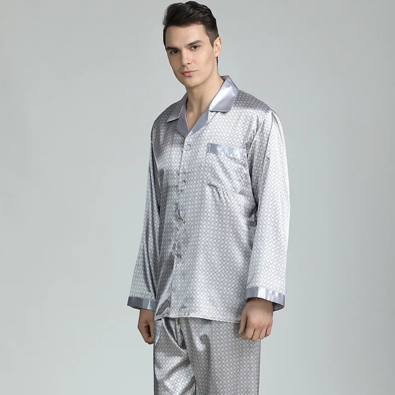 Conjunto de pijama informal para hombre, ropa de dormir con camisa y pantalones de satén de seda sintética, suave, lencería íntima, 2 uds.