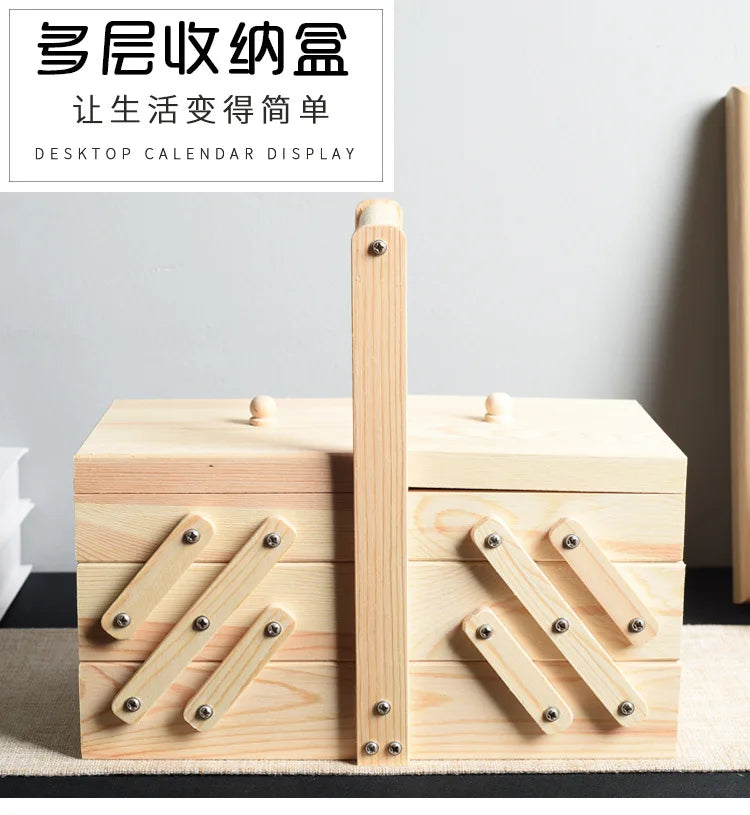 Caja de almacenamiento de costura de madera maciza, organizador multicapa, almacenamiento plegable portátil, solución de clasificación doméstica, diseño conveniente