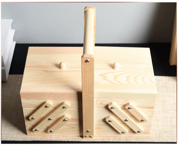 Caja de almacenamiento de costura de madera maciza, organizador multicapa, almacenamiento plegable portátil, solución de clasificación doméstica, diseño conveniente
