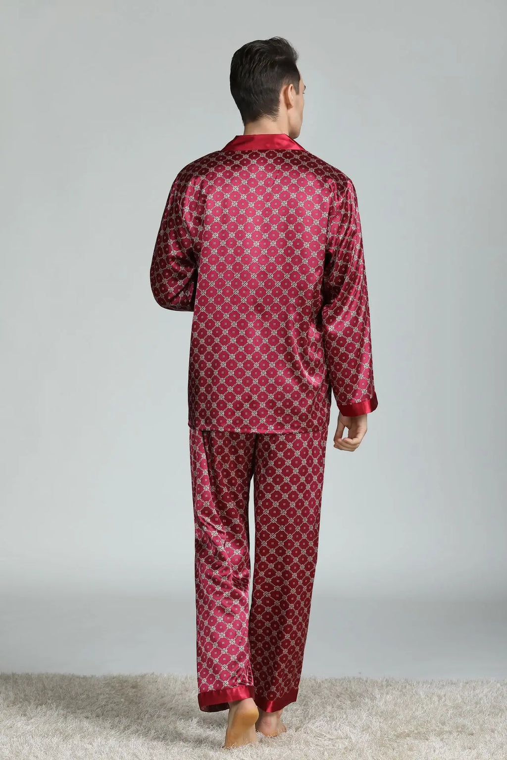 Conjunto de pijama informal para hombre, ropa de dormir con camisa y pantalones de satén de seda sintética, suave, lencería íntima, 2 uds.