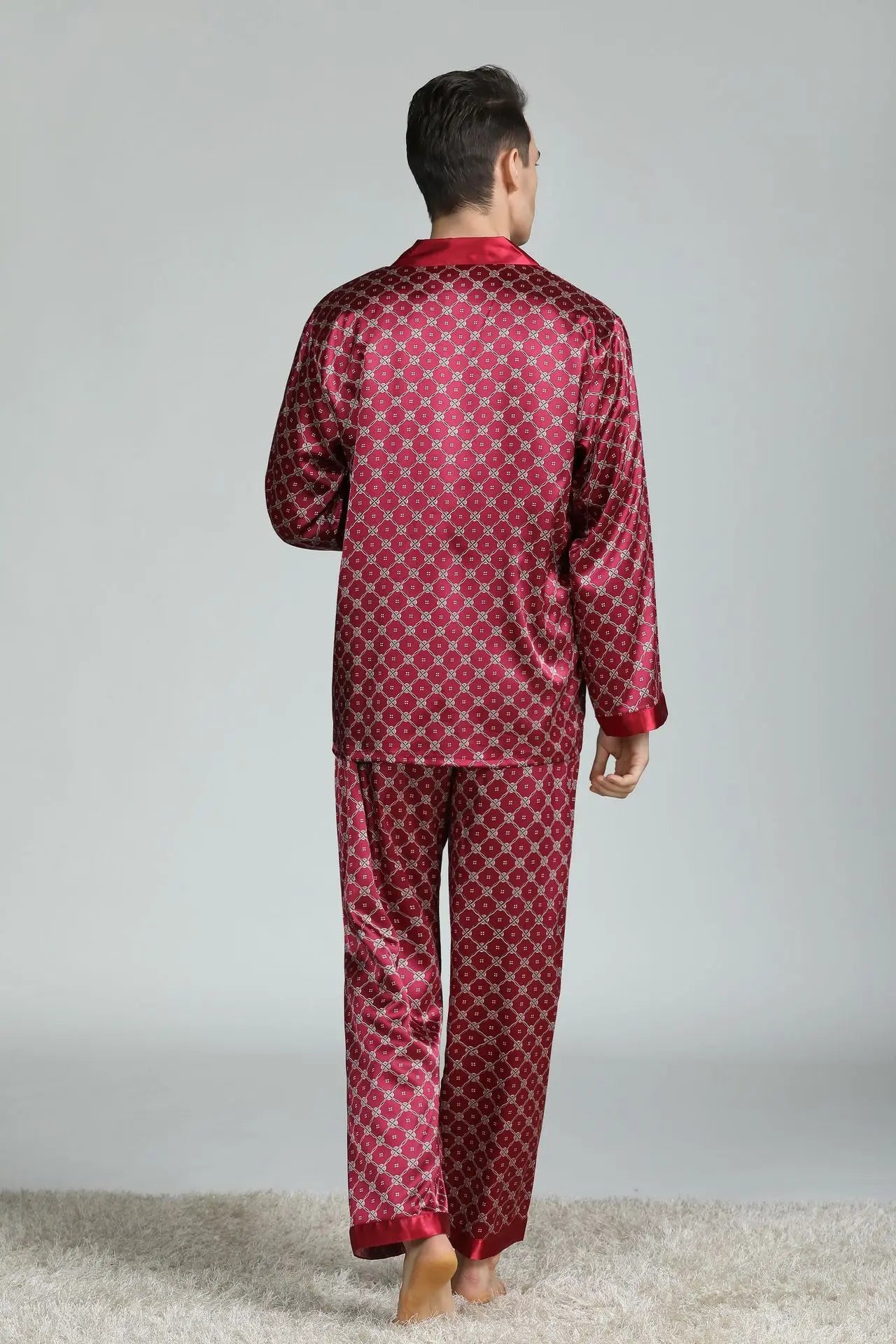 Conjunto de pijama informal para hombre, ropa de dormir con camisa y pantalones de satén de seda sintética, suave, lencería íntima, 2 uds.