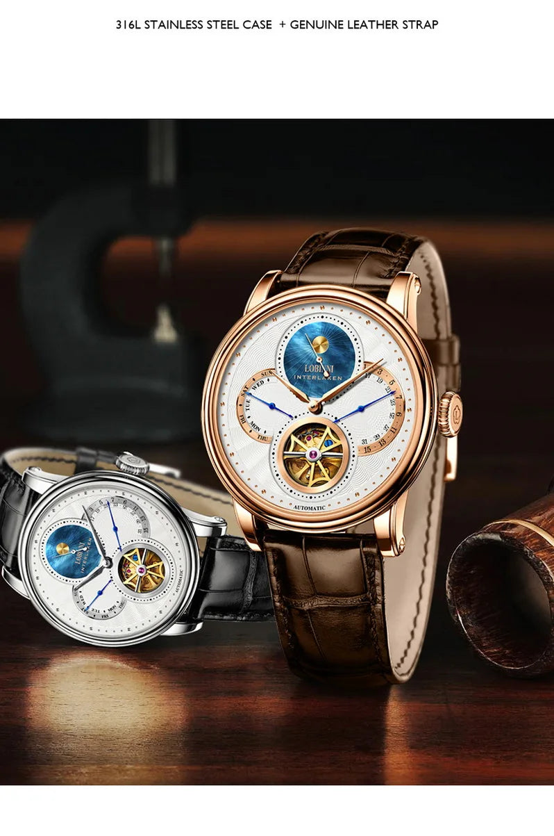 LOBINNI, relojes automáticos para hombre, reloj de lujo para hombre, relojes de pulsera mecánicos con esqueleto, reloj suizo con espejo de zafiro resistente al agua