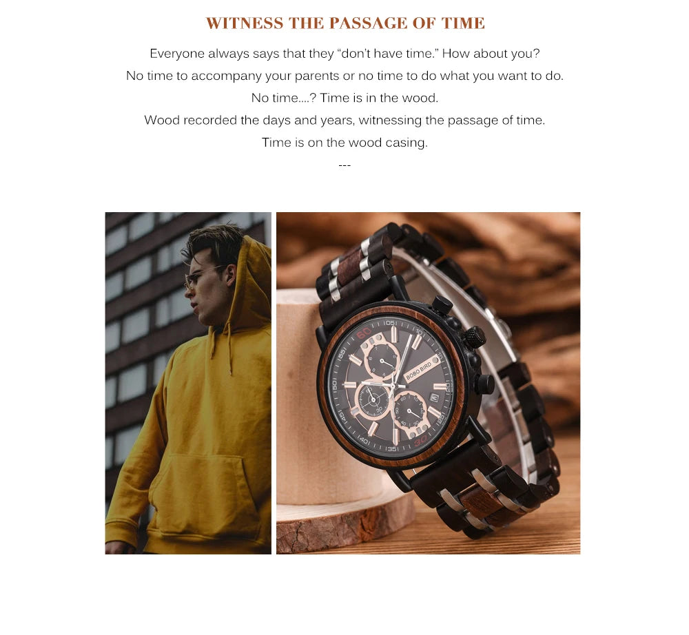 Reloj Masculino BOBO BIRD de madera para hombre, relojes militares con cronógrafo elegante de lujo de marca superior en caja de madera, reloj para hombre