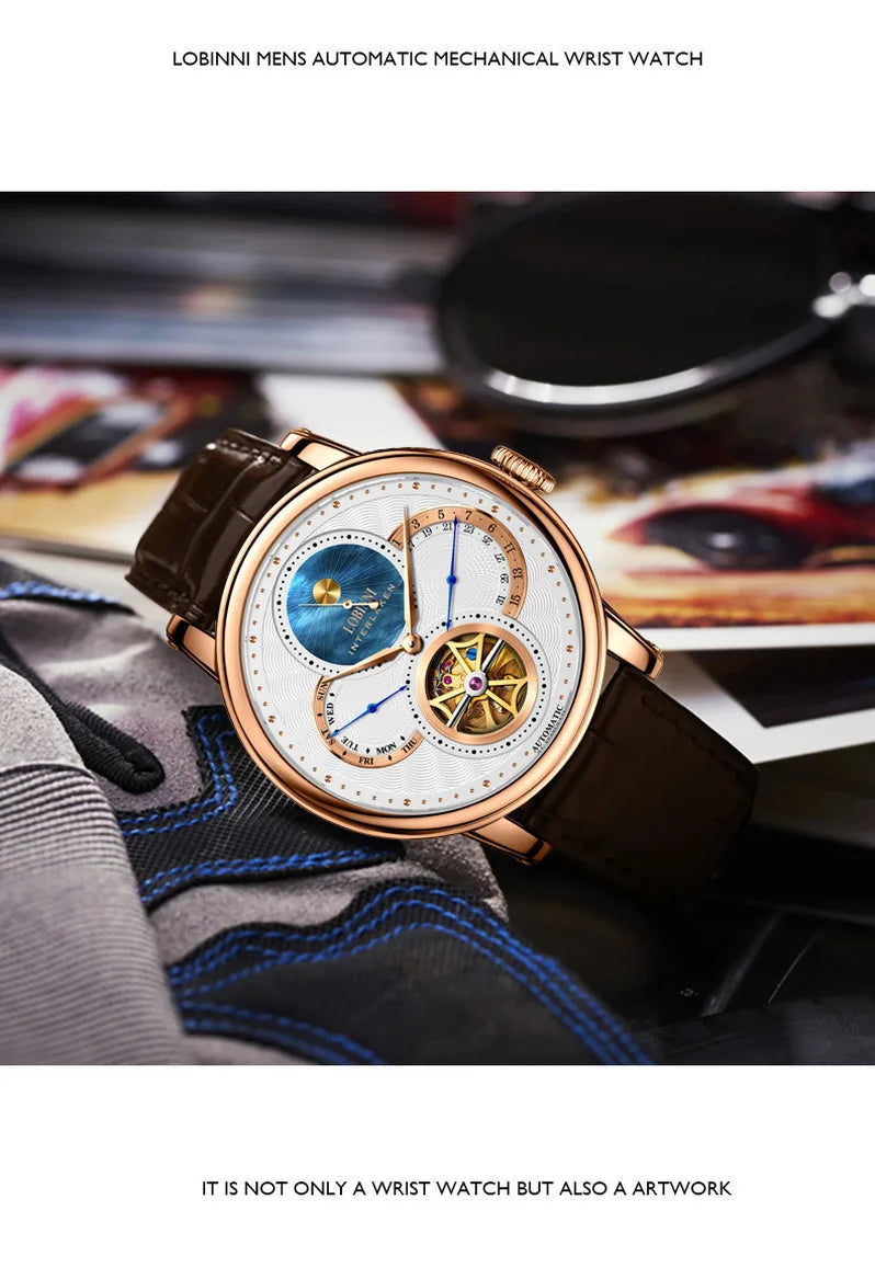 LOBINNI, relojes automáticos para hombre, reloj de lujo para hombre, relojes de pulsera mecánicos con esqueleto, reloj suizo con espejo de zafiro resistente al agua