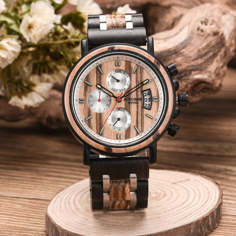 Reloj Masculino BOBO BIRD de madera para hombre, relojes militares con cronógrafo elegante de lujo de marca superior en caja de madera, reloj para hombre