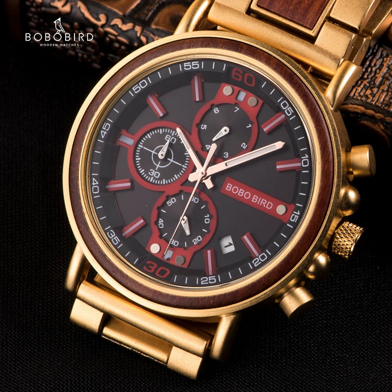 Reloj Masculino BOBO BIRD de madera para hombre, relojes militares con cronógrafo elegante de lujo de marca superior en caja de madera, reloj para hombre
