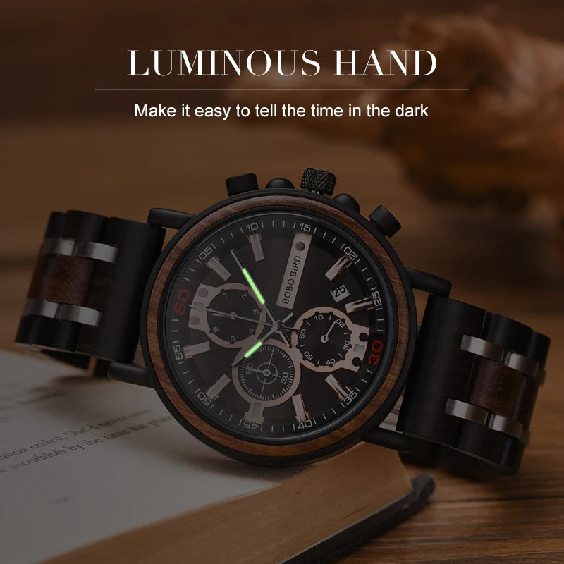 Reloj Masculino BOBO BIRD de madera para hombre, relojes militares con cronógrafo elegante de lujo de marca superior en caja de madera, reloj para hombre