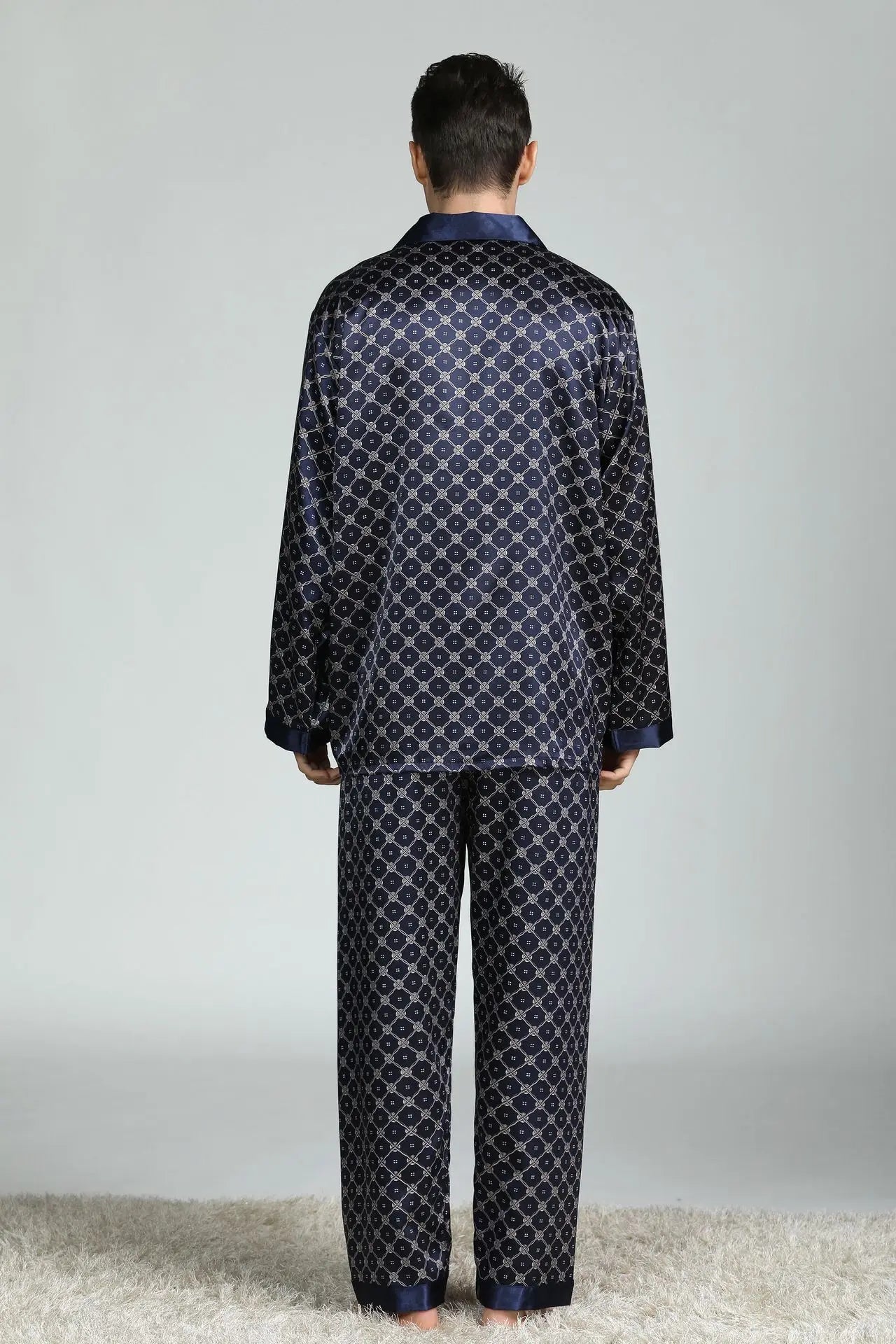 Conjunto de pijama informal para hombre, ropa de dormir con camisa y pantalones de satén de seda sintética, suave, lencería íntima, 2 uds.