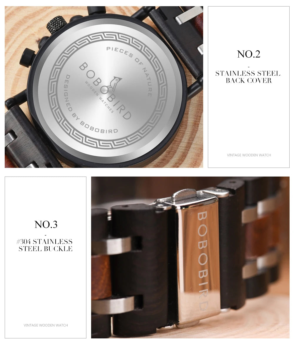 Reloj Masculino BOBO BIRD de madera para hombre, relojes militares con cronógrafo elegante de lujo de marca superior en caja de madera, reloj para hombre