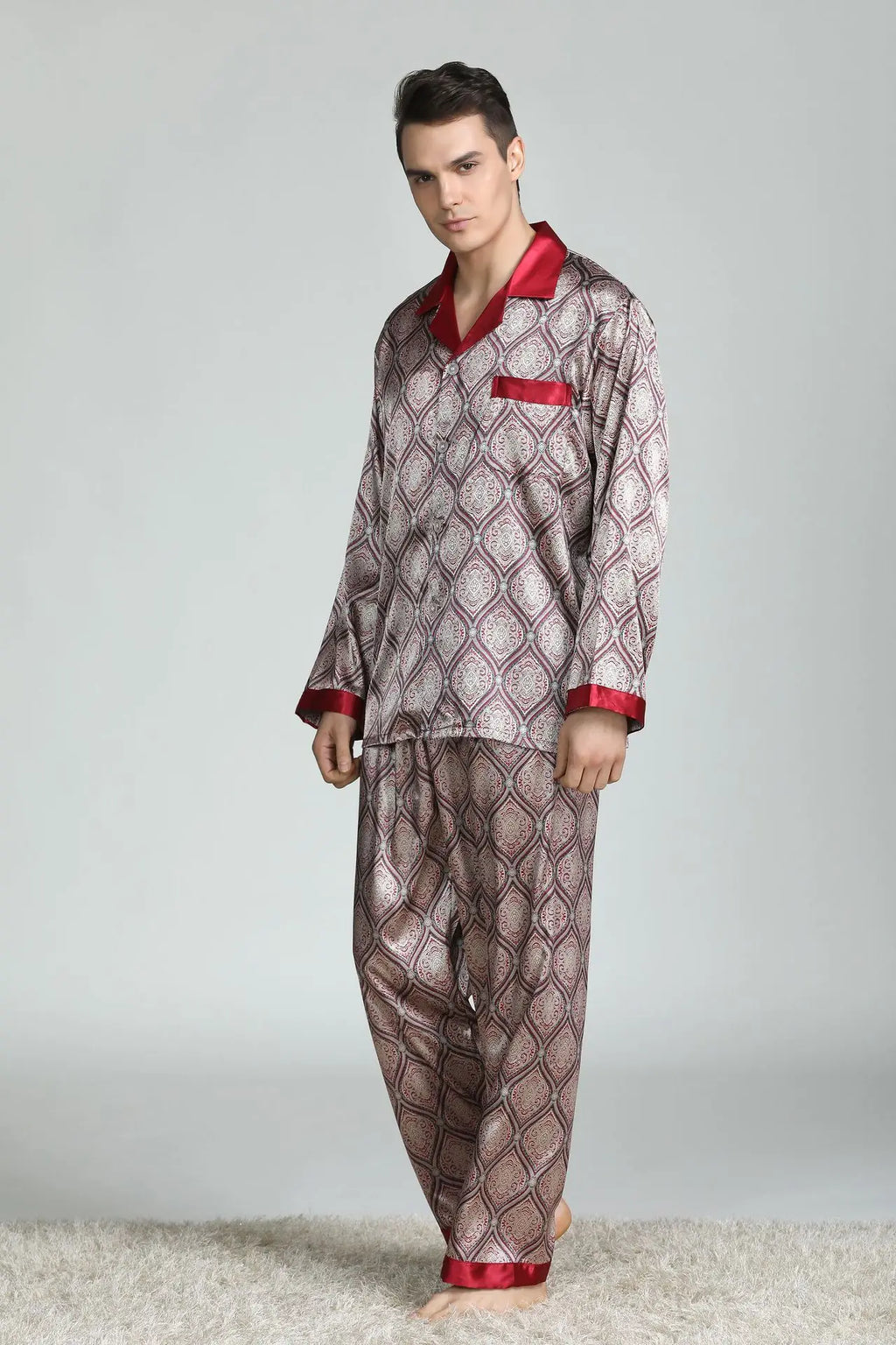 Conjunto de pijama informal para hombre, ropa de dormir con camisa y pantalones de satén de seda sintética, suave, lencería íntima, 2 uds.