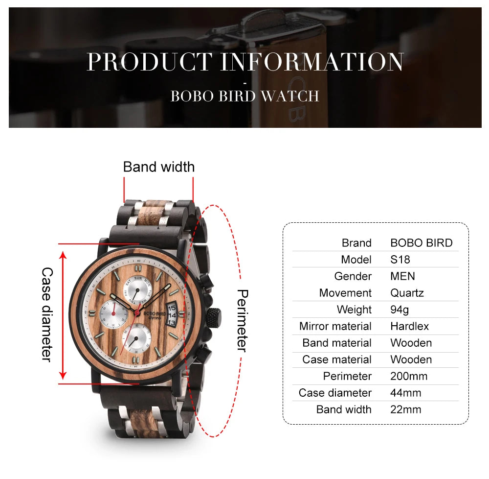 Reloj Masculino BOBO BIRD de madera para hombre, relojes militares con cronógrafo elegante de lujo de marca superior en caja de madera, reloj para hombre