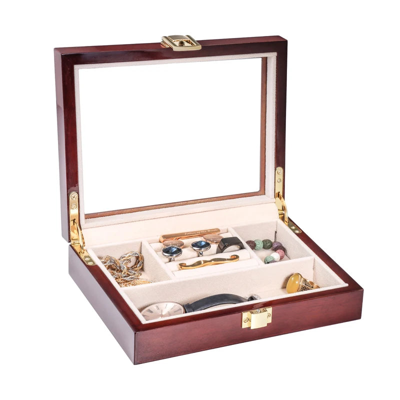 Joyero de madera de lujo, caja de exhibición multifunción de madera Vintage, elegante estuche de almacenamiento marrón oscuro, gemelos de lujo, Dis de joyería, nuevo