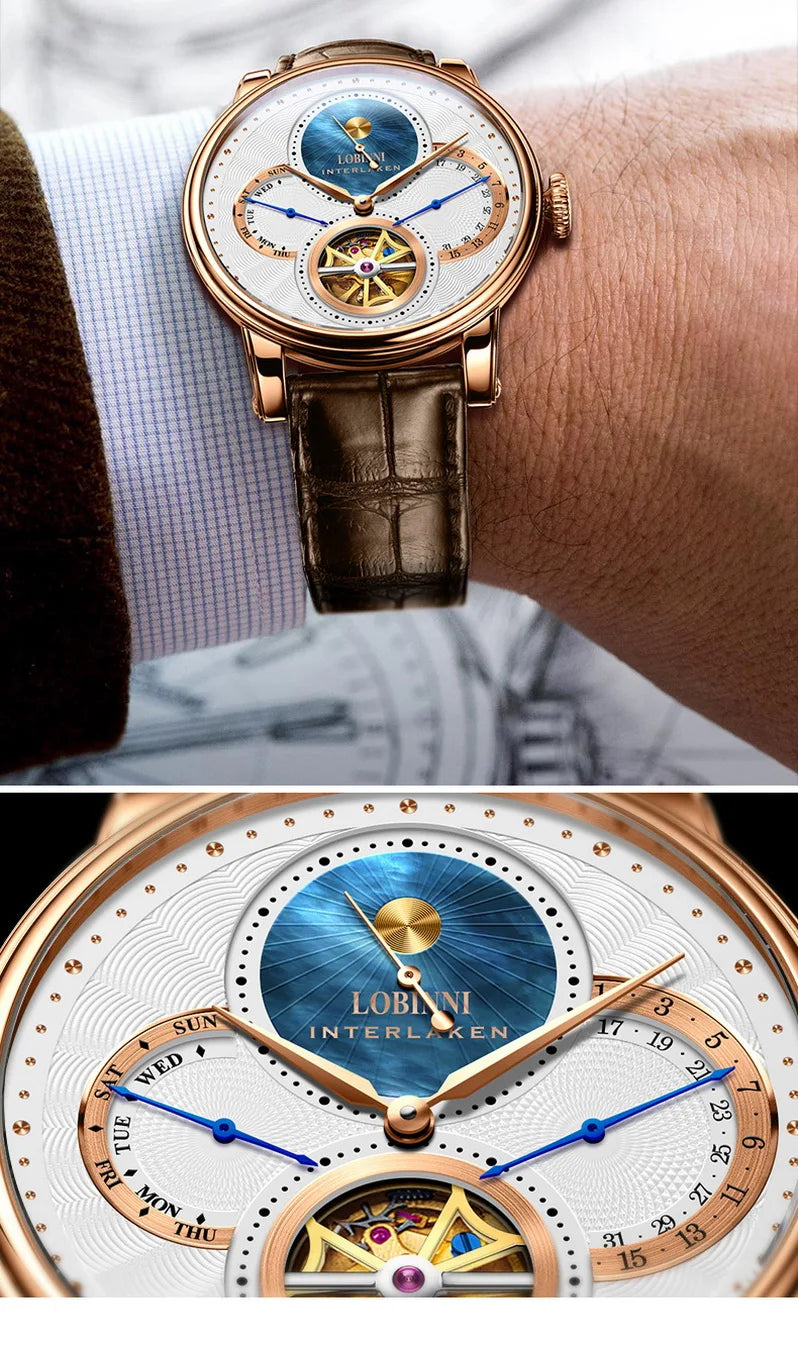 LOBINNI, relojes automáticos para hombre, reloj de lujo para hombre, relojes de pulsera mecánicos con esqueleto, reloj suizo con espejo de zafiro resistente al agua