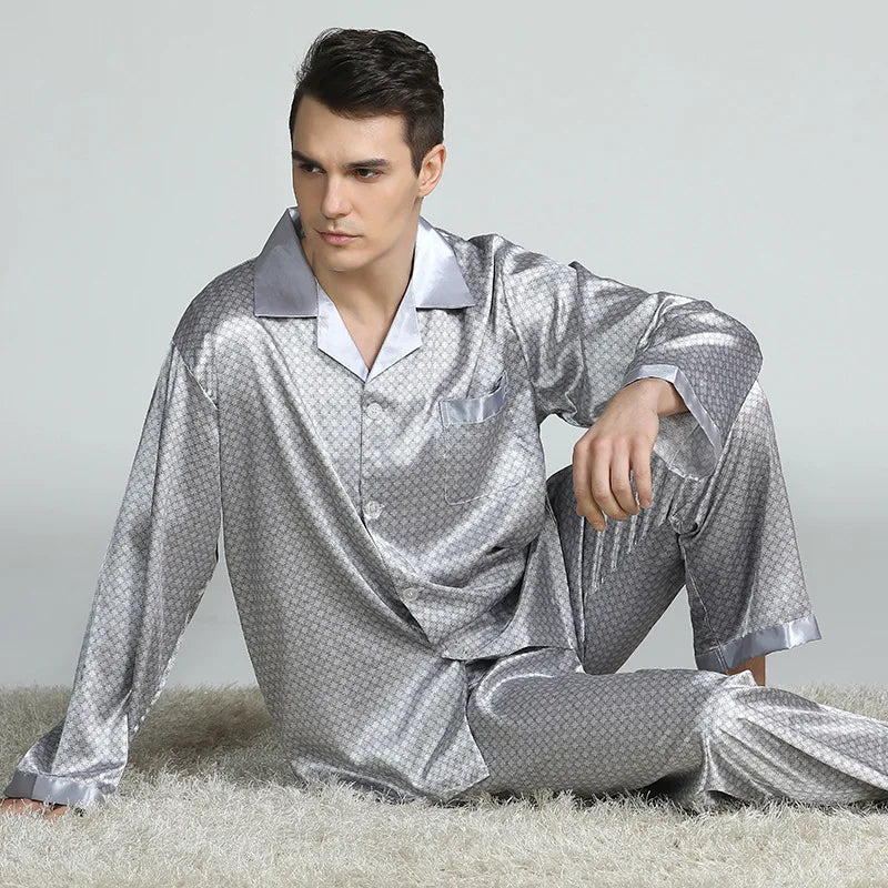 Conjunto de pijama informal para hombre, ropa de dormir con camisa y pantalones de satén de seda sintética, suave, lencería íntima, 2 uds.