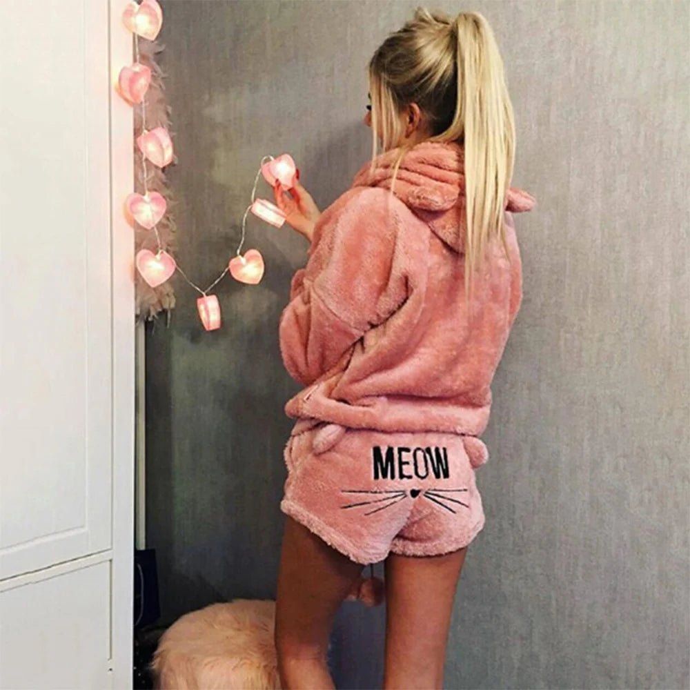 Pijamas de lana para Mujer, conjunto de Pijamas cálidos para otoño e invierno, lencería Sexy para Mujer, Pijama de gato, ropa de dormir para Mujer, ropa de casa