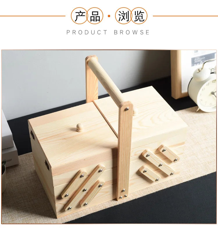 Caja de almacenamiento de costura de madera maciza, organizador multicapa, almacenamiento plegable portátil, solución de clasificación doméstica, diseño conveniente
