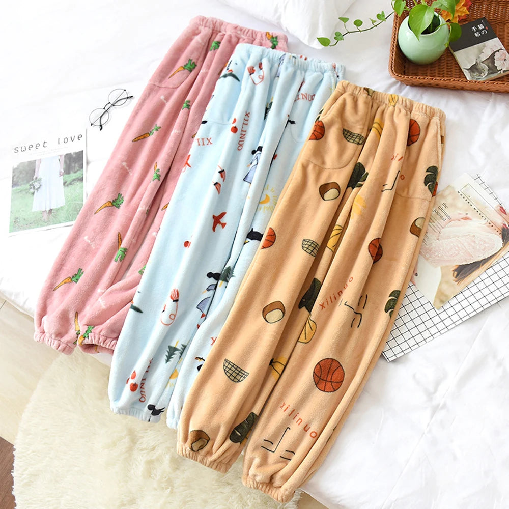 Pijamas de invierno, pantalones de Casa para mujer, pantalones elásticos, Pijamas holgados y cálidos y gruesos, pantalones, ropa de dormir estampada, ropa de dormir de otoño