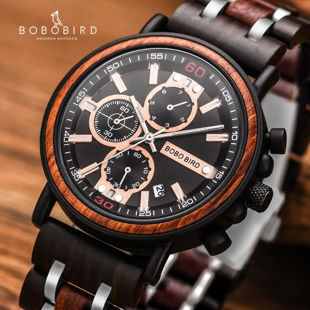 Reloj Masculino BOBO BIRD de madera para hombre, relojes militares con cronógrafo elegante de lujo de marca superior en caja de madera, reloj para hombre