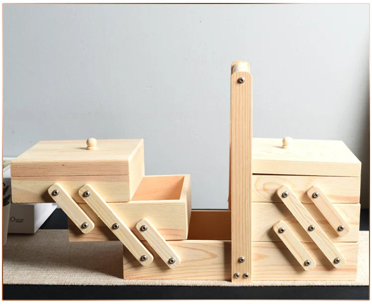 Caja de almacenamiento de costura de madera maciza, organizador multicapa, almacenamiento plegable portátil, solución de clasificación doméstica, diseño conveniente