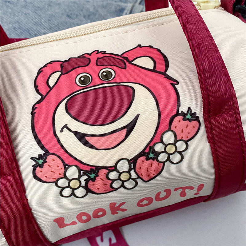 Bolso de hombro de lona de punto para mujer, bolso cruzado informal con oso de fresa de dibujos animados, desplazamientos diarios