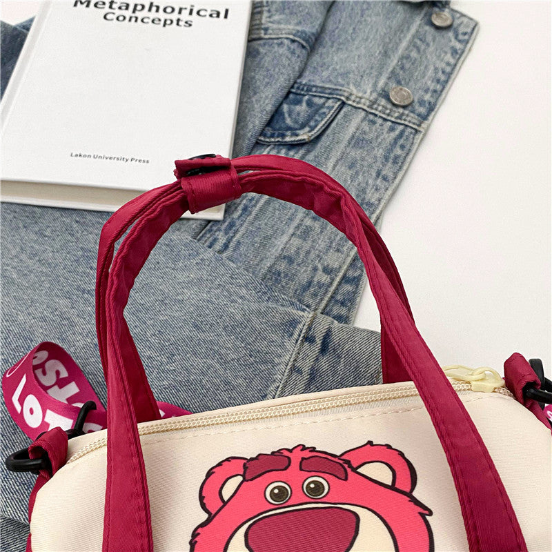 Bolso de hombro de lona de punto para mujer, bolso cruzado informal con oso de fresa de dibujos animados, desplazamientos diarios