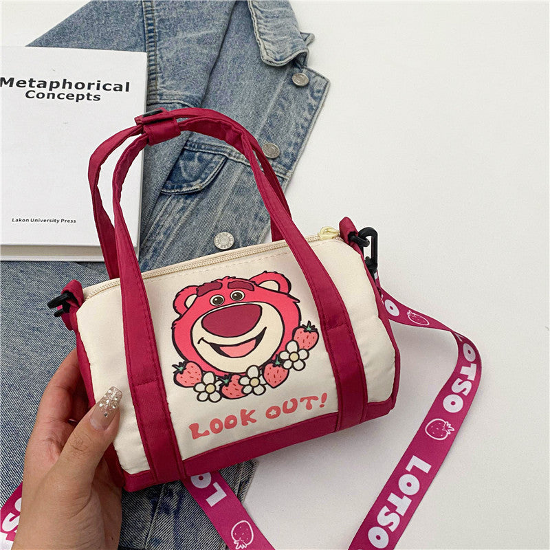 Bolso de hombro de lona de punto para mujer, bolso cruzado informal con oso de fresa de dibujos animados, desplazamientos diarios