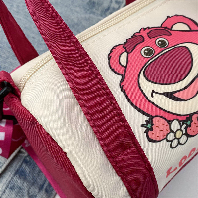 Bolso de hombro de lona de punto para mujer, bolso cruzado informal con oso de fresa de dibujos animados, desplazamientos diarios
